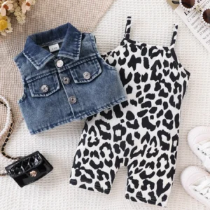 Denim Print Vest Jumpsuit 2-Pc Set for Girls