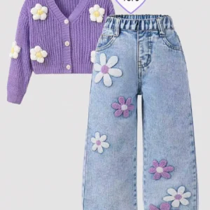 Girls' Floral-Printed Towel-Stitch Denim Jeans