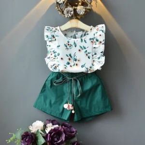 Girls Shorts Set Ruffle Sleeve  Drawstring Pants