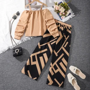 Khaki Off-shoulder Top & Stripe Printing Pants