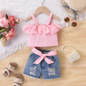 Baby Girl Pink Camisole + Bow-Knot Ripped Shorts
