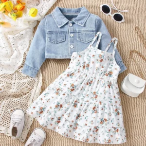 3pieces Leisure Long Sleeve + Floral Dress Set