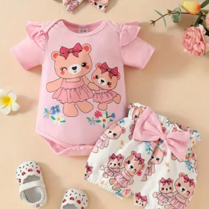 Baby Girl Summer 3pcs Bear Print Ruffle Top Shorts