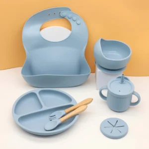 7pcs baby silicone tableware, bib, dining plate