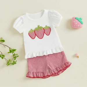 Toddler Embroidery Tops Gingham Shorts 2 Piece Set