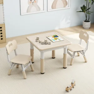 Table and 2 Chairs Set, Height-Adjustable Toddler Table
