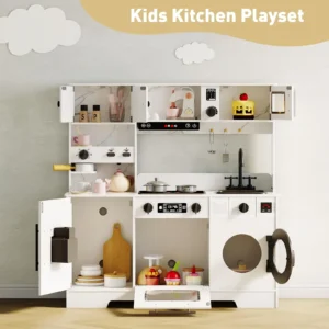Wooden Play Kitchen Lights Sounds, Ice Maker, Coffee, Washer, 11 Accessories