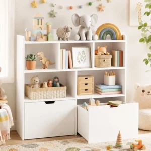 Organizer With 2 Rolling Drawers,Kids Bookshelf With Open Cubbies